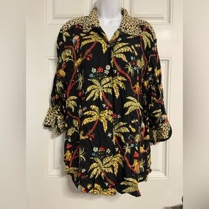 T33a- FAITH Nature TROPICAL Block Print Button Closure Tunic Blazer Jacket